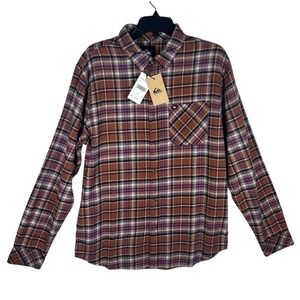 Quiksilver Mens Flannel Shirt Long Sleeve Brown Plaid Button Down Sz Medium NEW‎